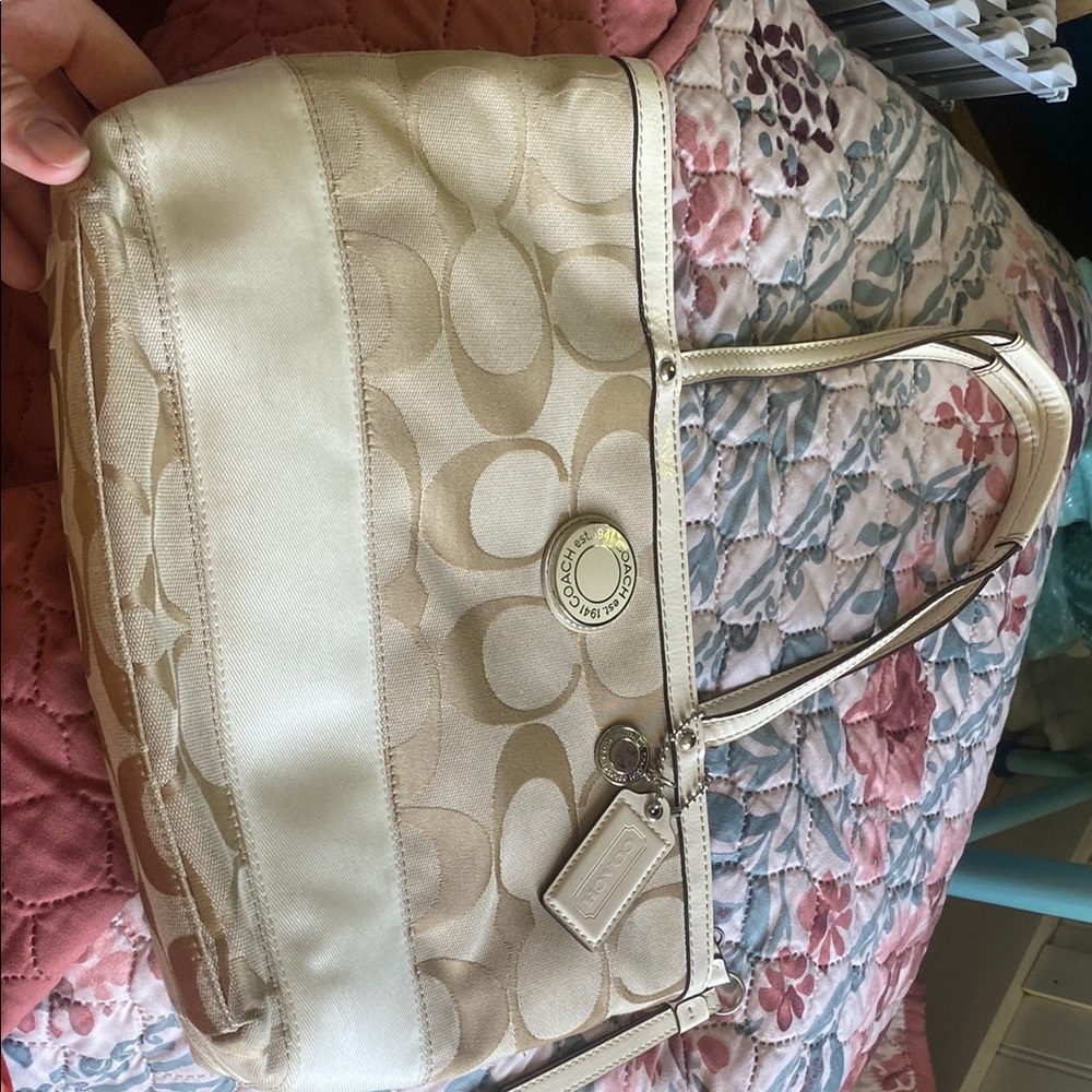 Coach Cream and Tan Signature Tote Bag